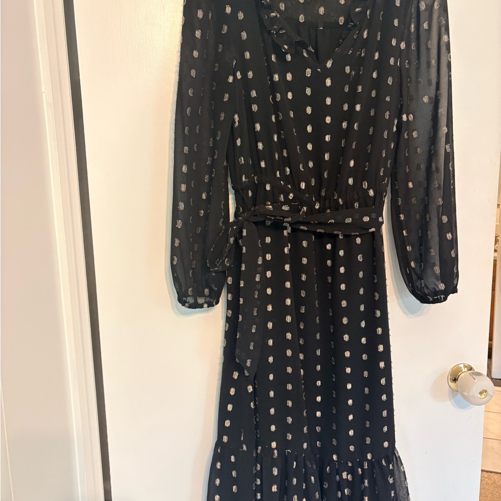 Talbots Black Long-Sleeve Polka Dot Belted Midi Dress